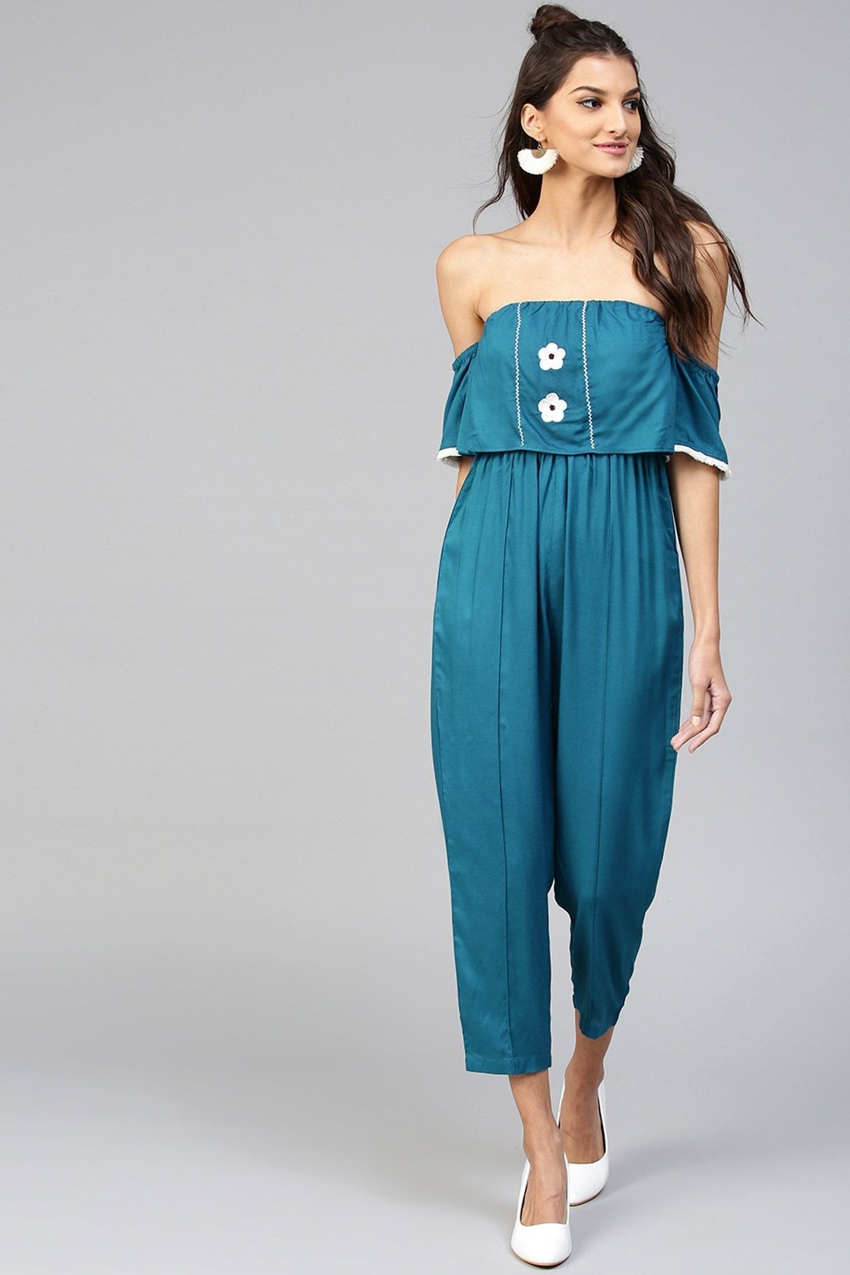 Women's Off Shoulder Embroidered Teal Jumpsuit