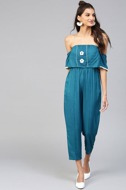 Women's Off Shoulder Embroidered Teal Jumpsuit