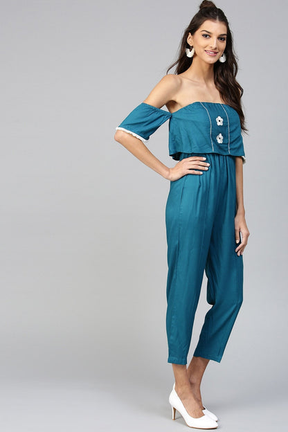 Women's Off Shoulder Embroidered Teal Jumpsuit