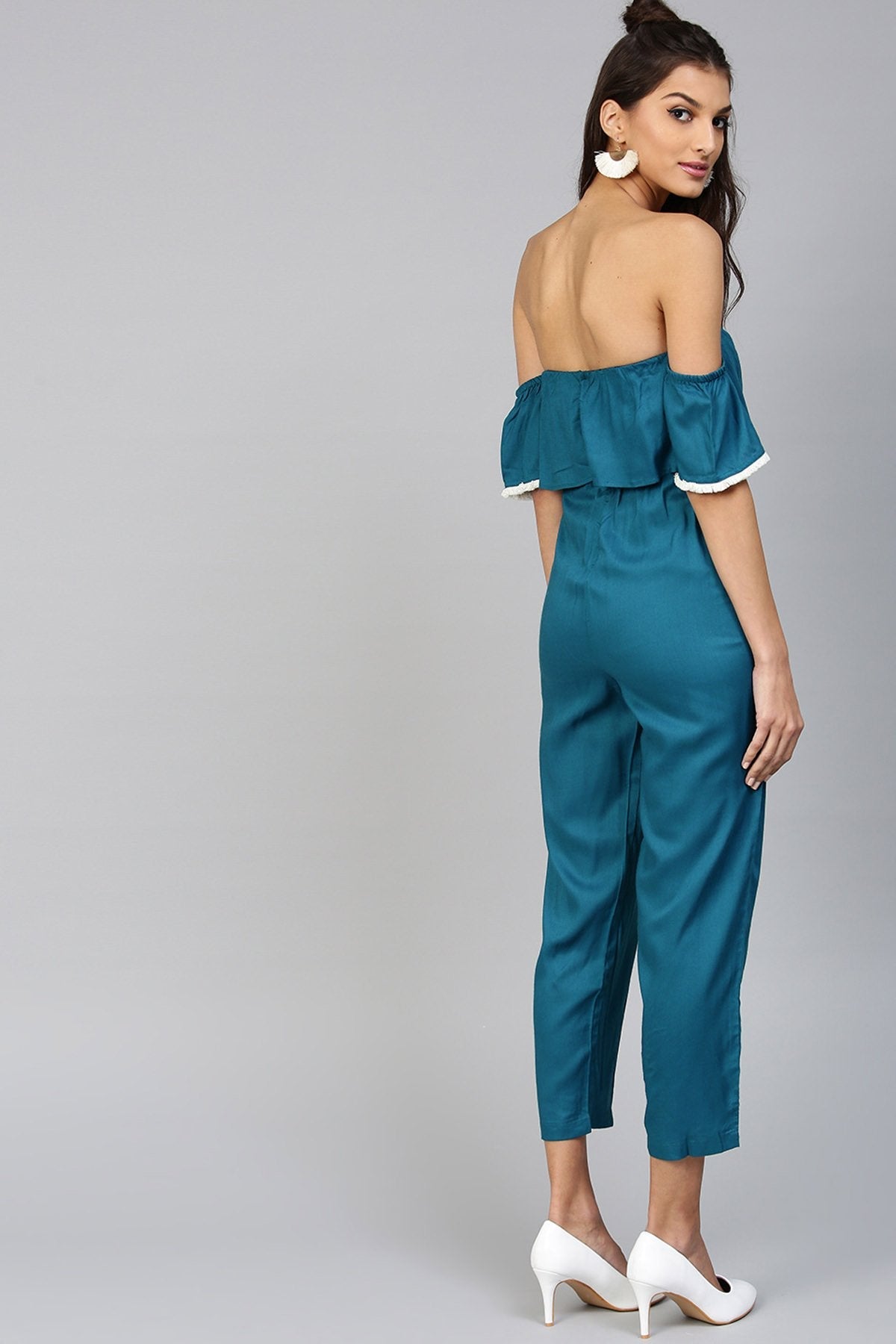 Women's Off Shoulder Embroidered Teal Jumpsuit