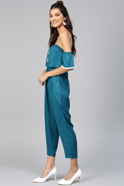 Women's Off Shoulder Embroidered Teal Jumpsuit