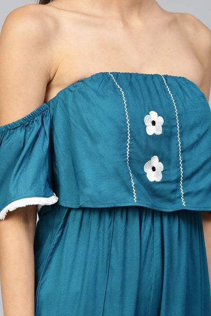 Women's Off Shoulder Embroidered Teal Jumpsuit
