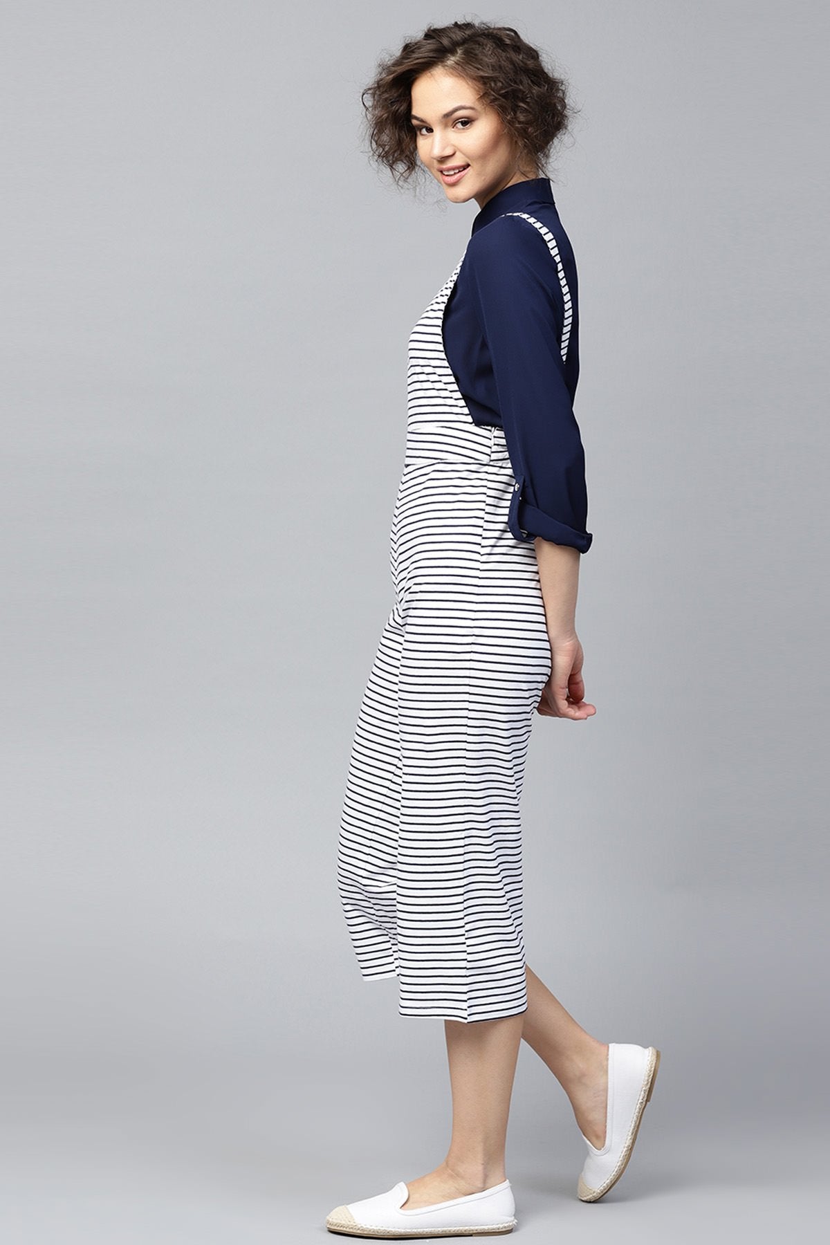 Women's Navy & White Stripes Dungaree