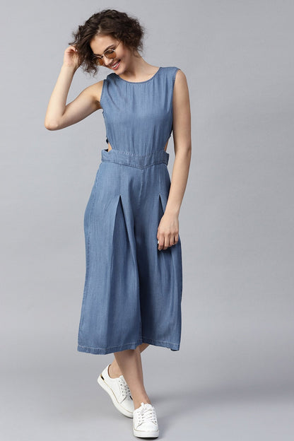 Women's Blue Denim Side Cut Out Jumpsuit
