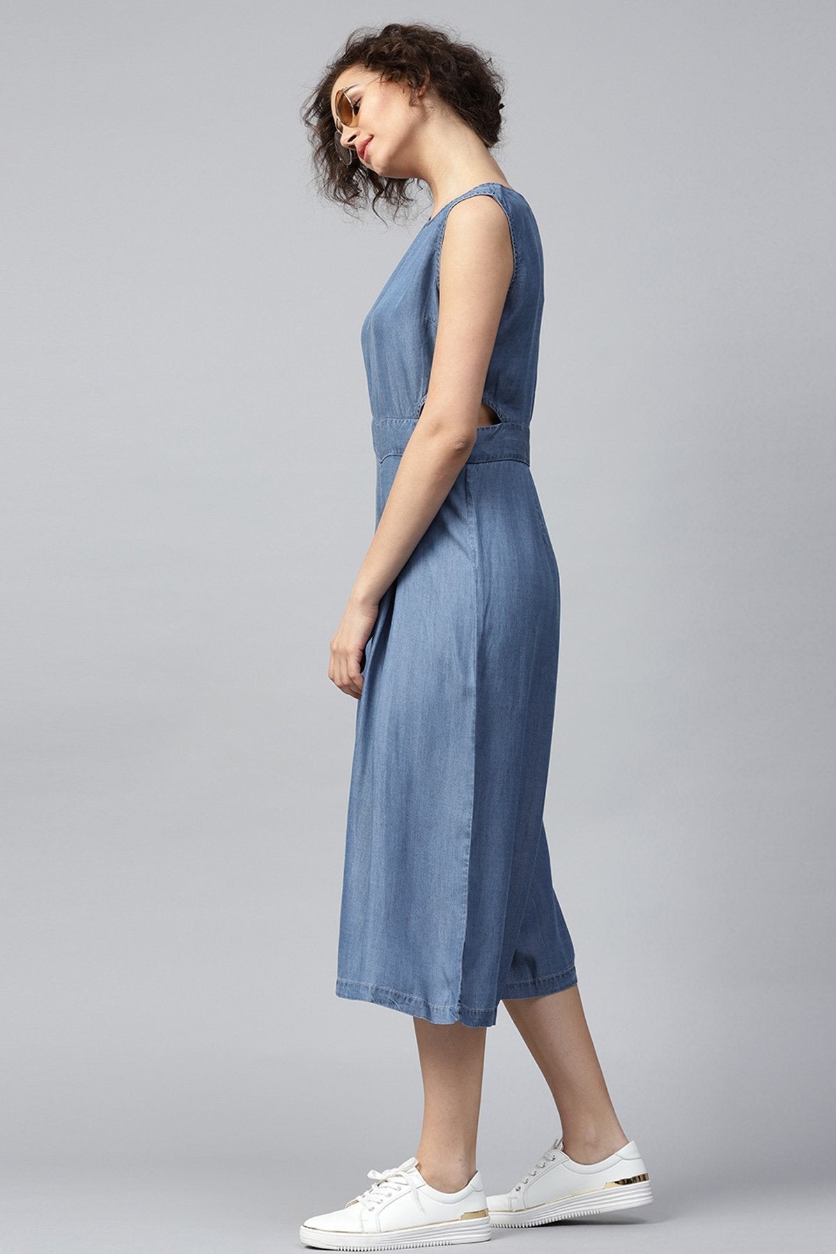 Women's Blue Denim Side Cut Out Jumpsuit