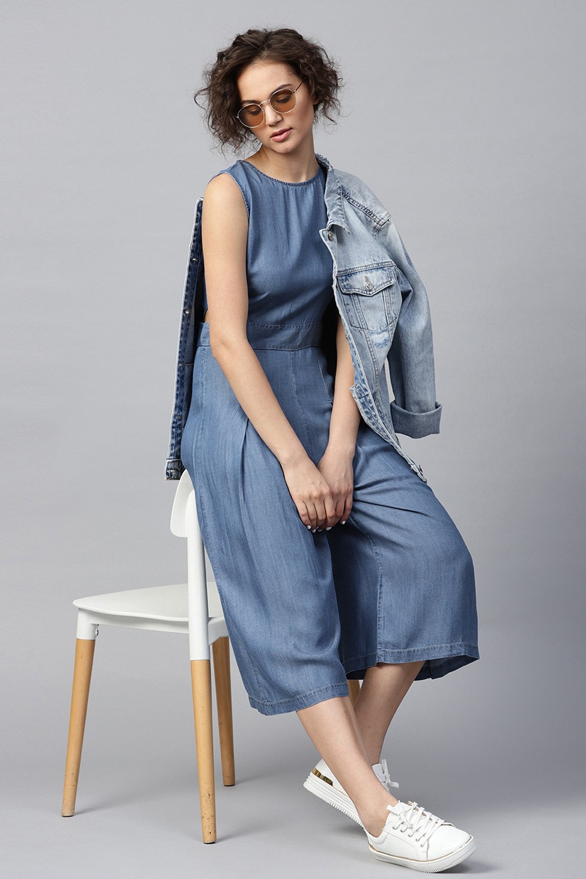 Women's Blue Denim Side Cut Out Jumpsuit