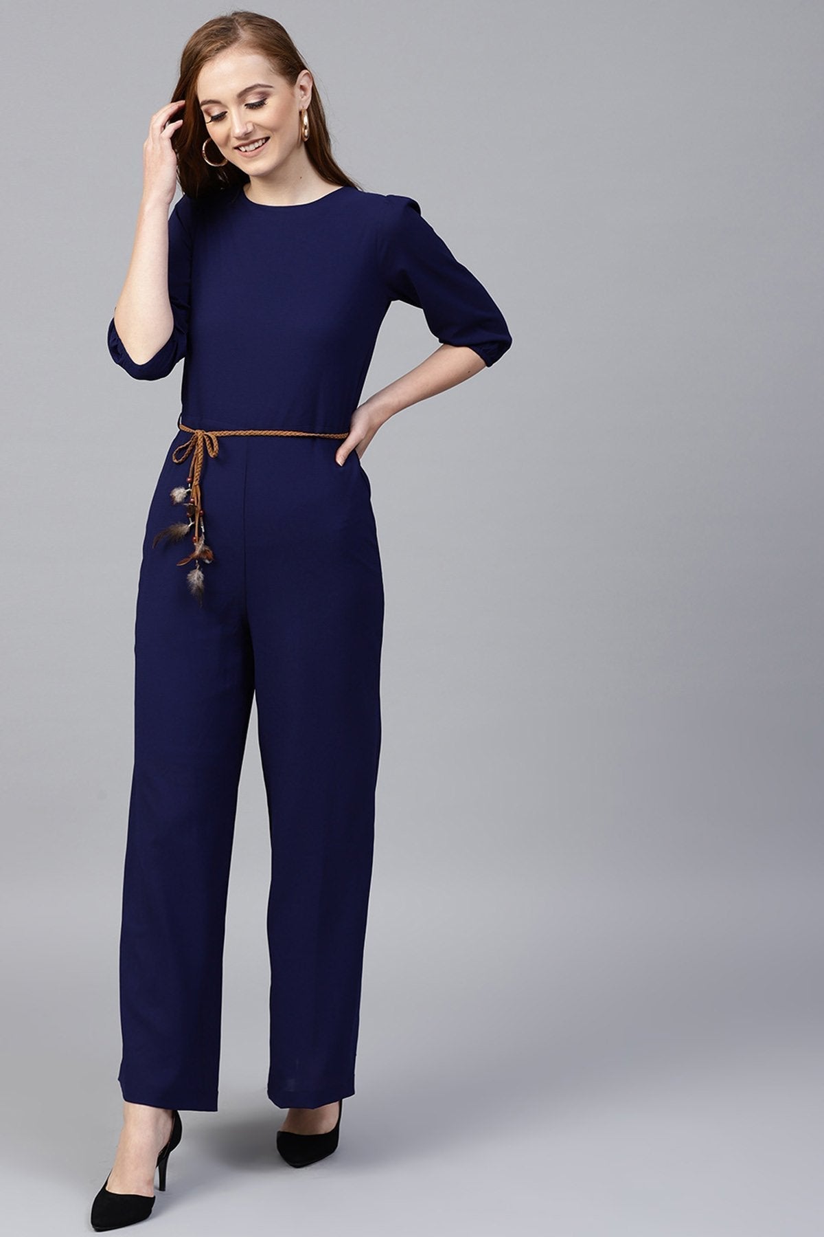 Women's Navy Flared Braided Belt Jumpsuit