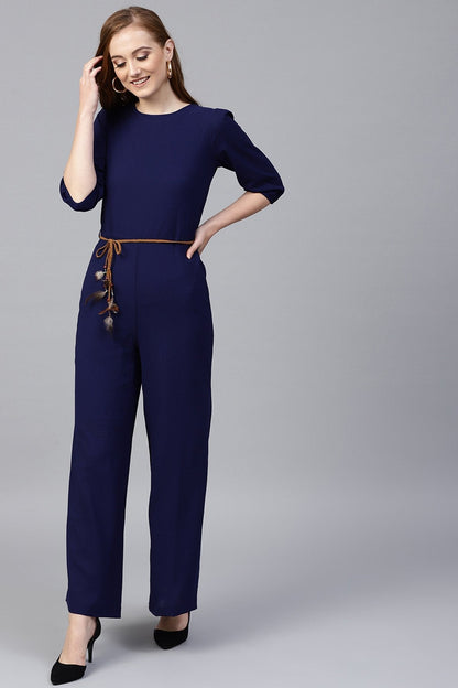 Women's Navy Flared Braided Belt Jumpsuit