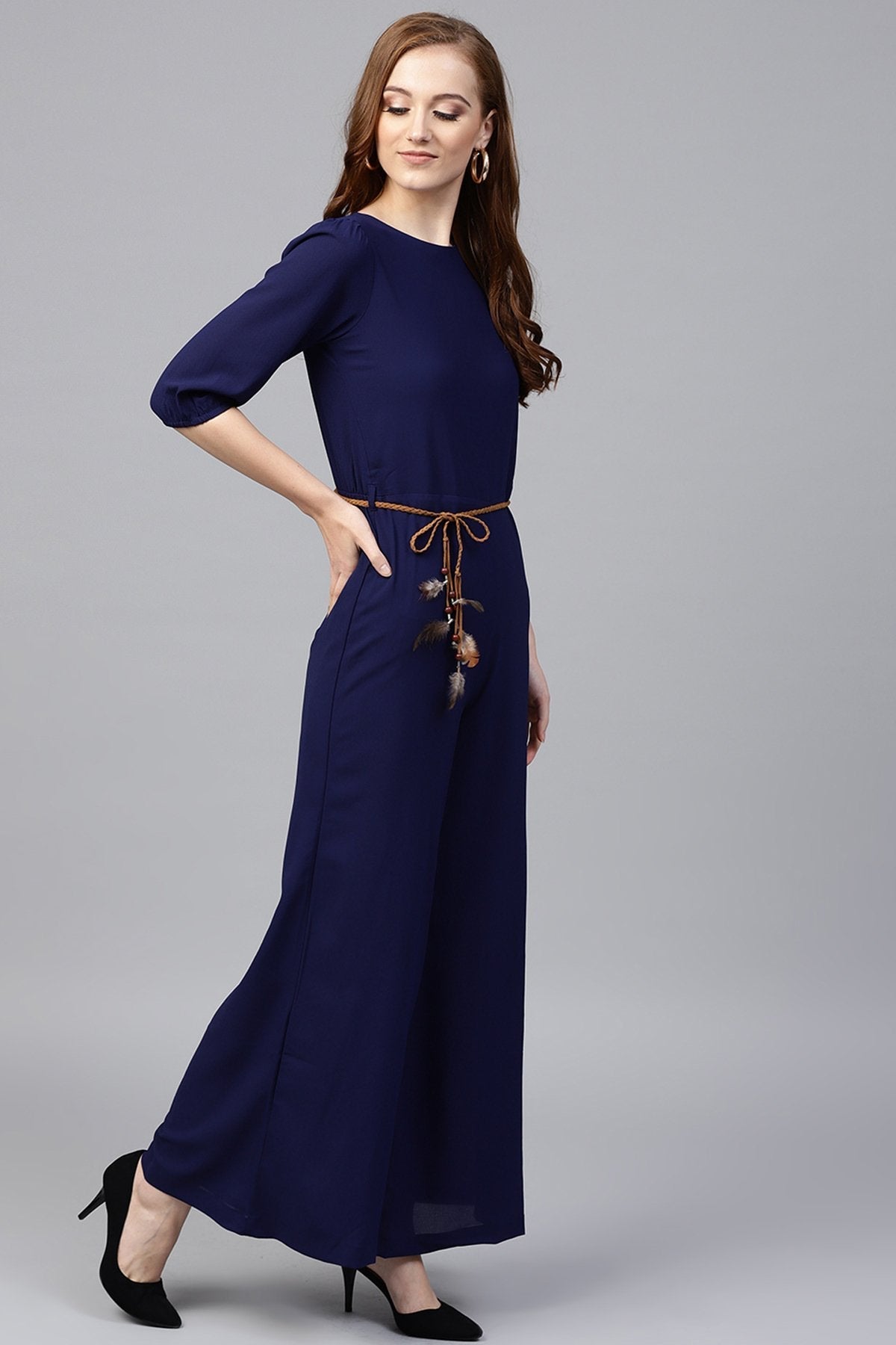 Women's Navy Flared Braided Belt Jumpsuit