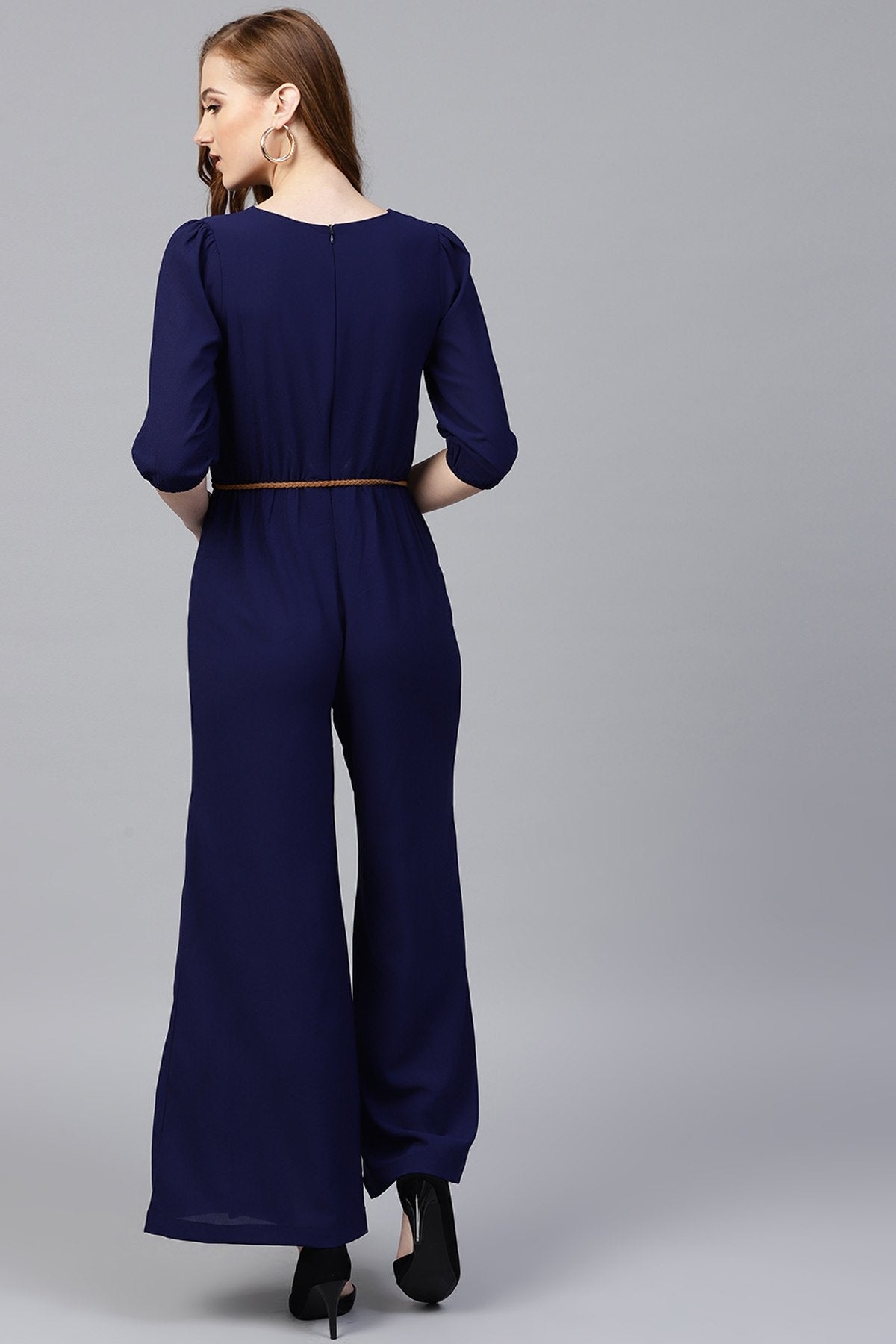 Women's Navy Flared Braided Belt Jumpsuit