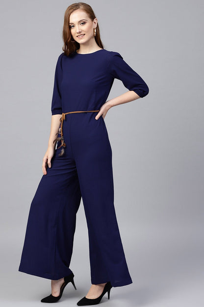 Women's Navy Flared Braided Belt Jumpsuit
