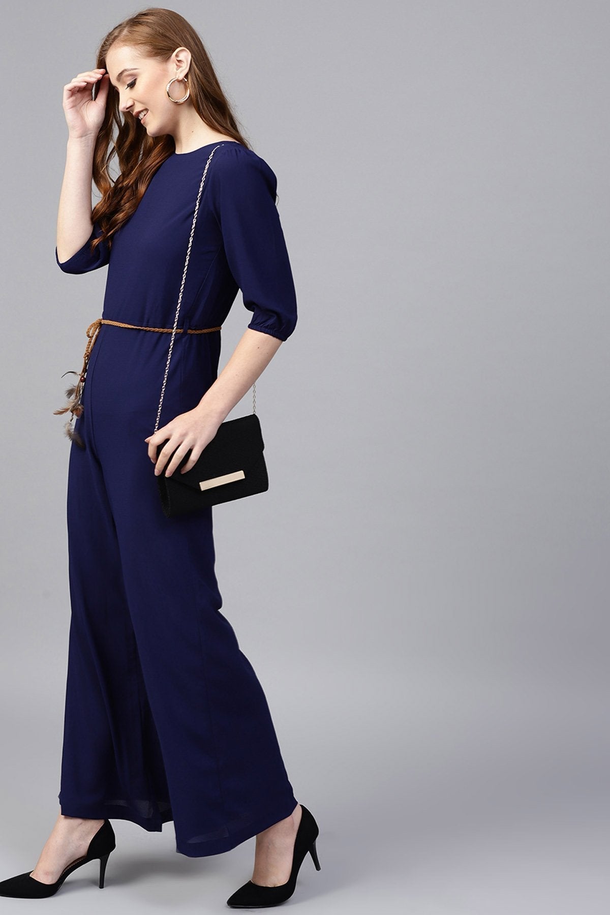 Women's Navy Flared Braided Belt Jumpsuit