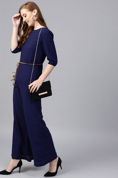 Women's Navy Flared Braided Belt Jumpsuit