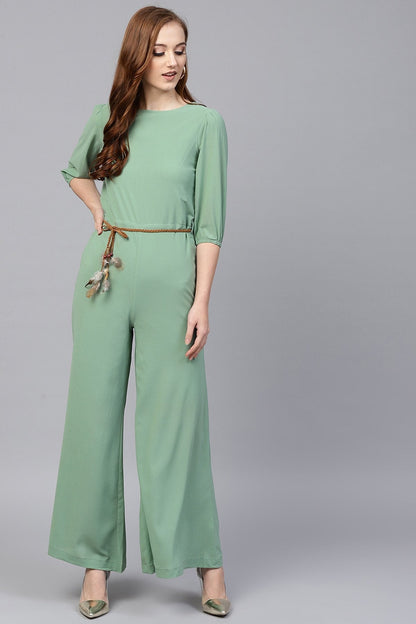 Women's Olive Flared Braided Belt Jumpsuit