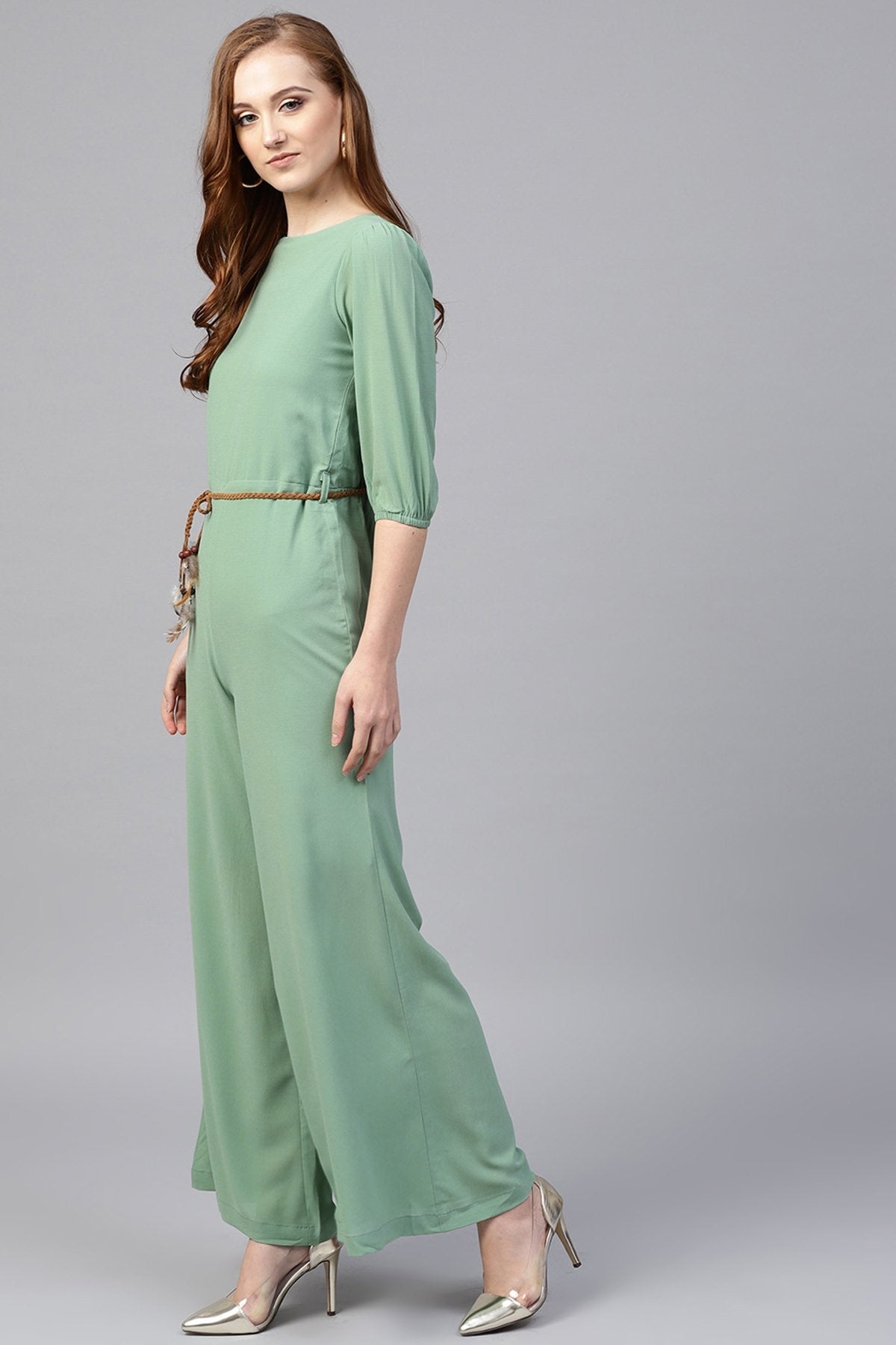 Women's Olive Flared Braided Belt Jumpsuit