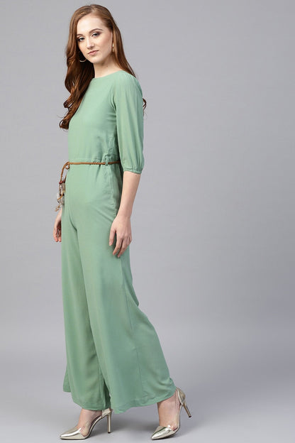 Women's Olive Flared Braided Belt Jumpsuit