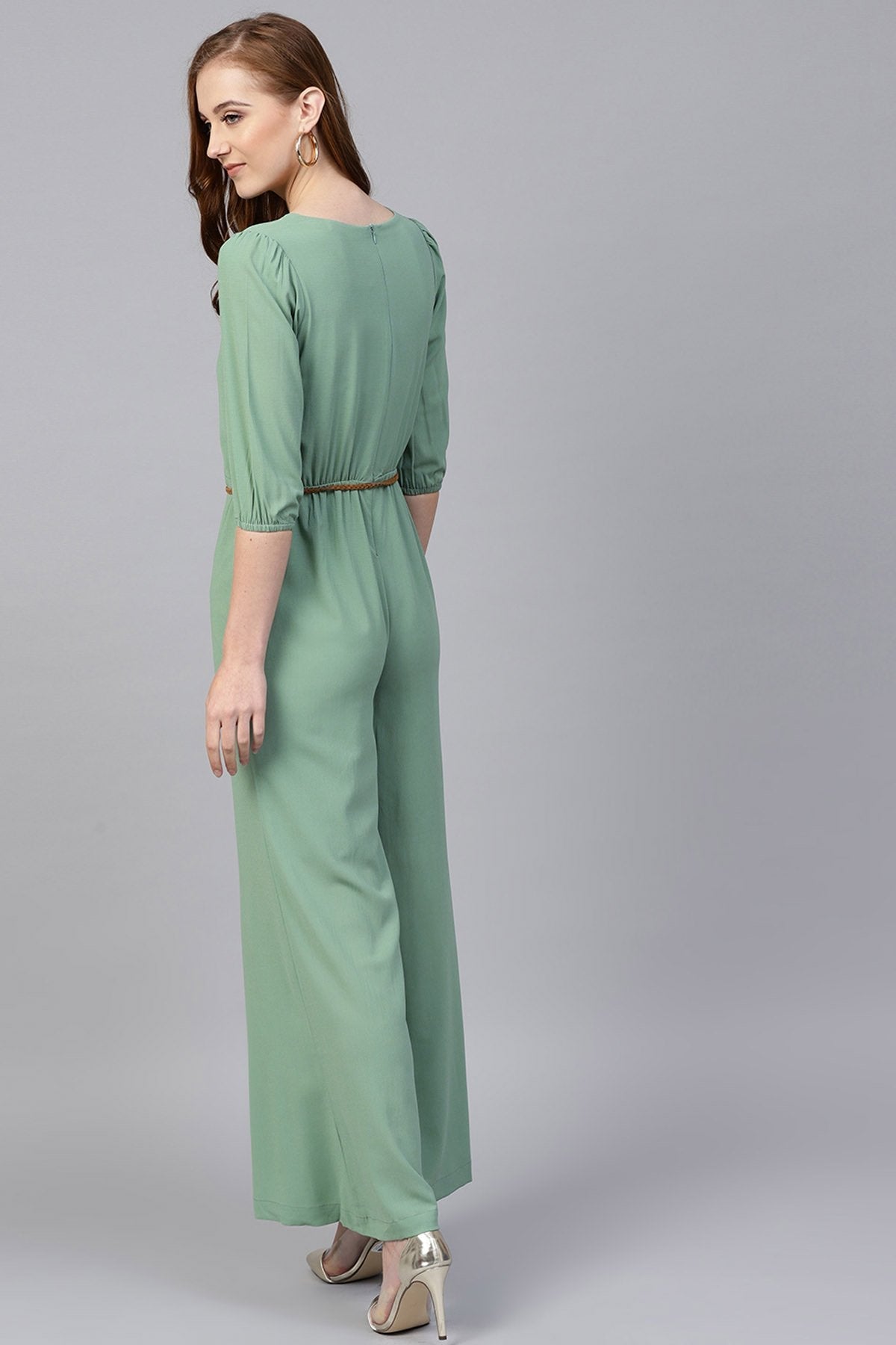 Women's Olive Flared Braided Belt Jumpsuit