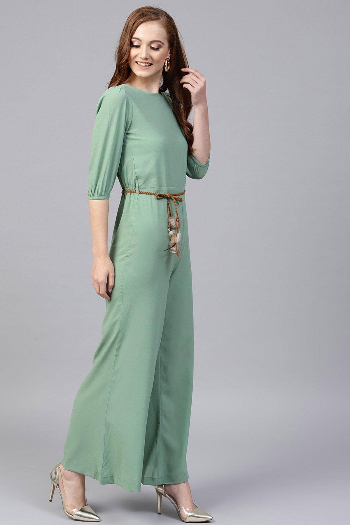 Women's Olive Flared Braided Belt Jumpsuit