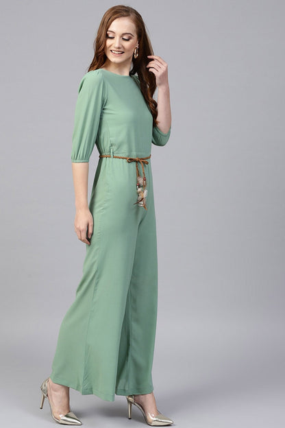 Women's Olive Flared Braided Belt Jumpsuit
