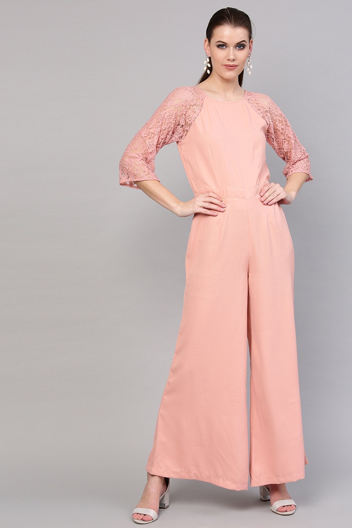 Women's Onion Pink Raglan Lace Sleeves Jumpsuit