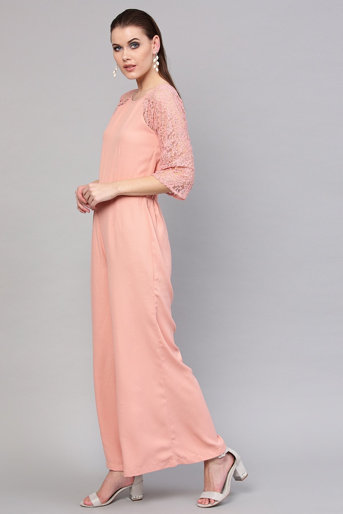 Women's Onion Pink Raglan Lace Sleeves Jumpsuit