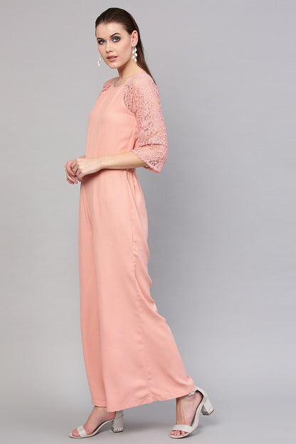 Women's Onion Pink Raglan Lace Sleeves Jumpsuit