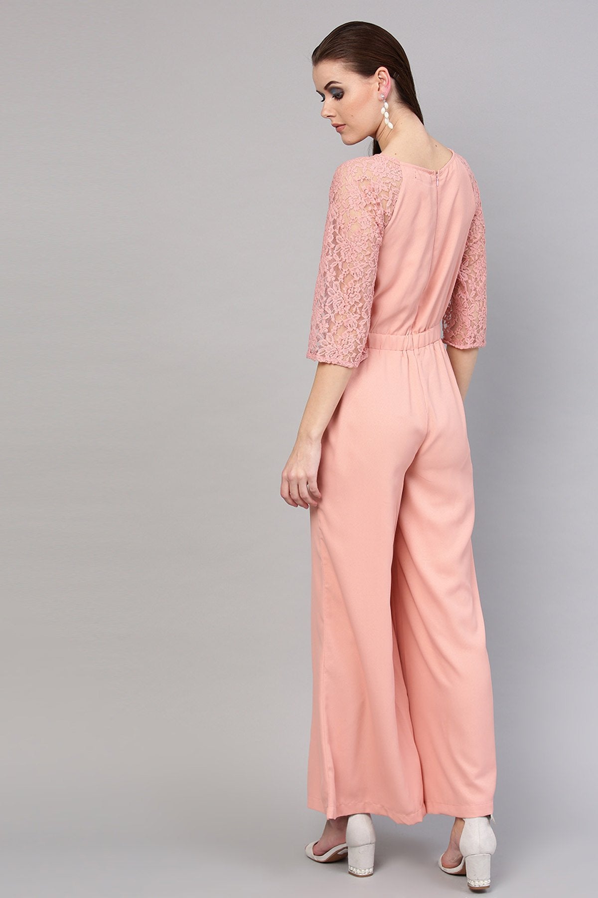 Women's Onion Pink Raglan Lace Sleeves Jumpsuit