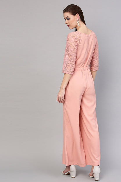 Women's Onion Pink Raglan Lace Sleeves Jumpsuit