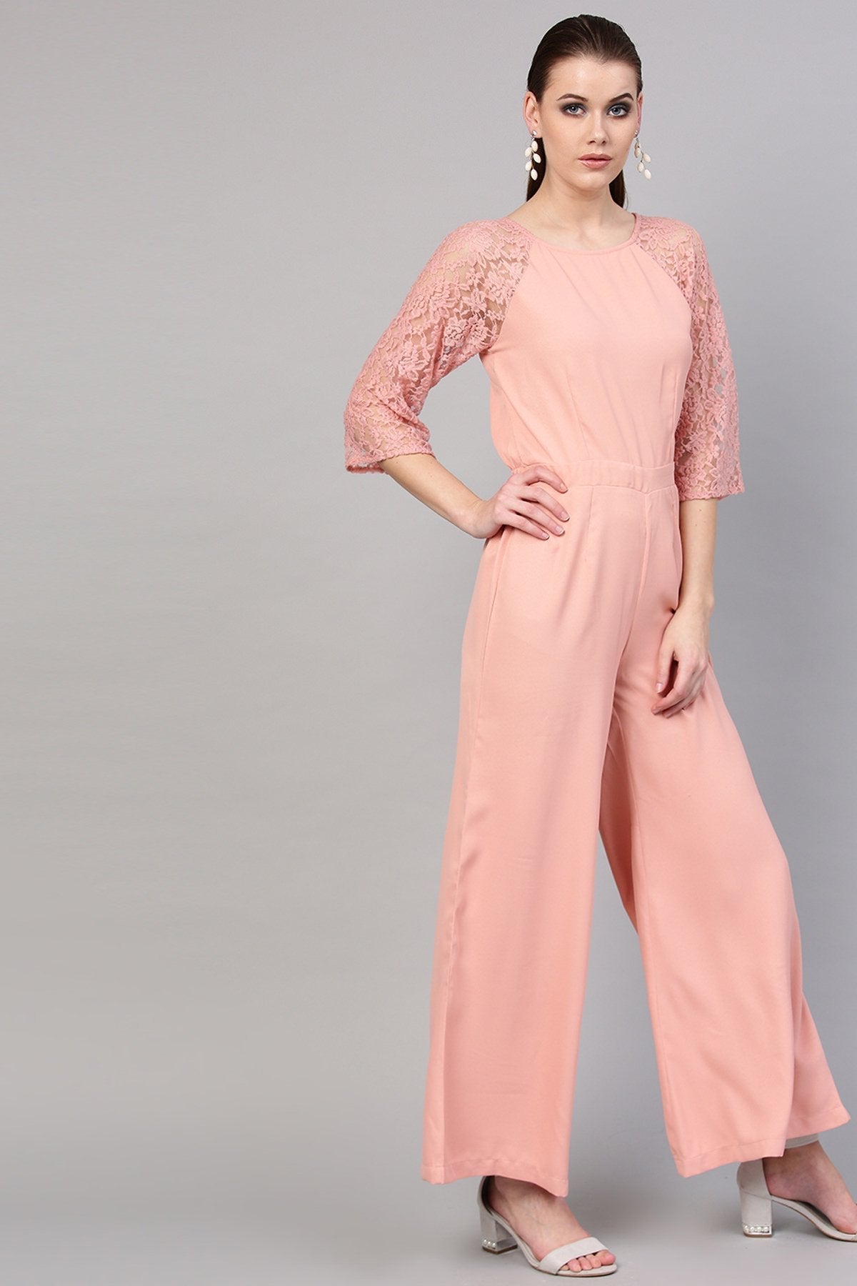 Women's Onion Pink Raglan Lace Sleeves Jumpsuit