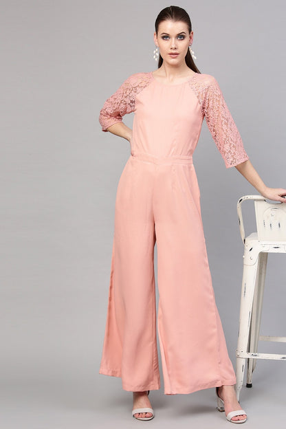 Women's Onion Pink Raglan Lace Sleeves Jumpsuit