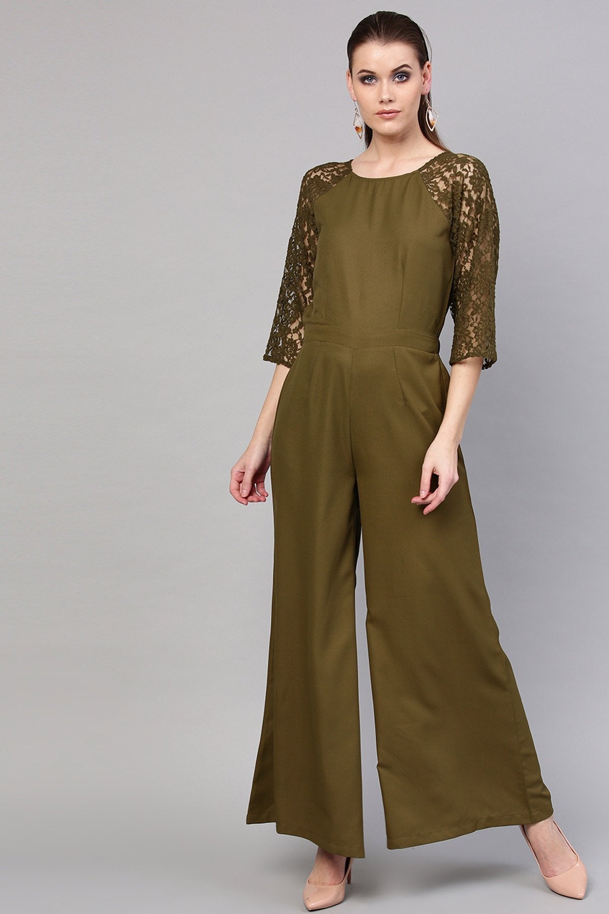 Women's Olive Raglan Lace Sleeves Jumpsuit