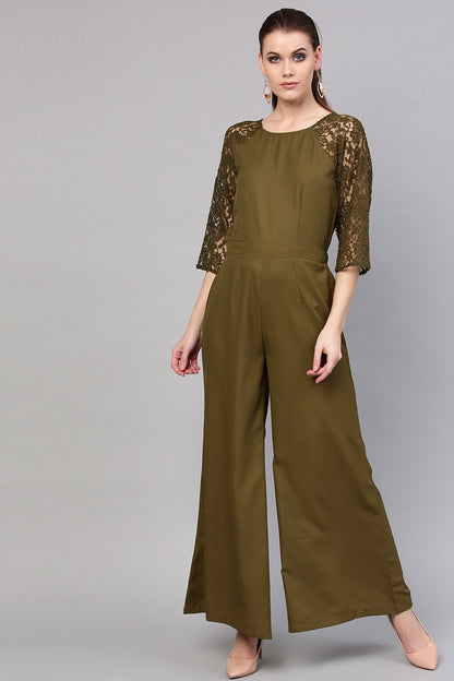 Women's Olive Raglan Lace Sleeves Jumpsuit