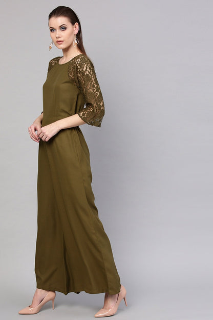 Women's Olive Raglan Lace Sleeves Jumpsuit