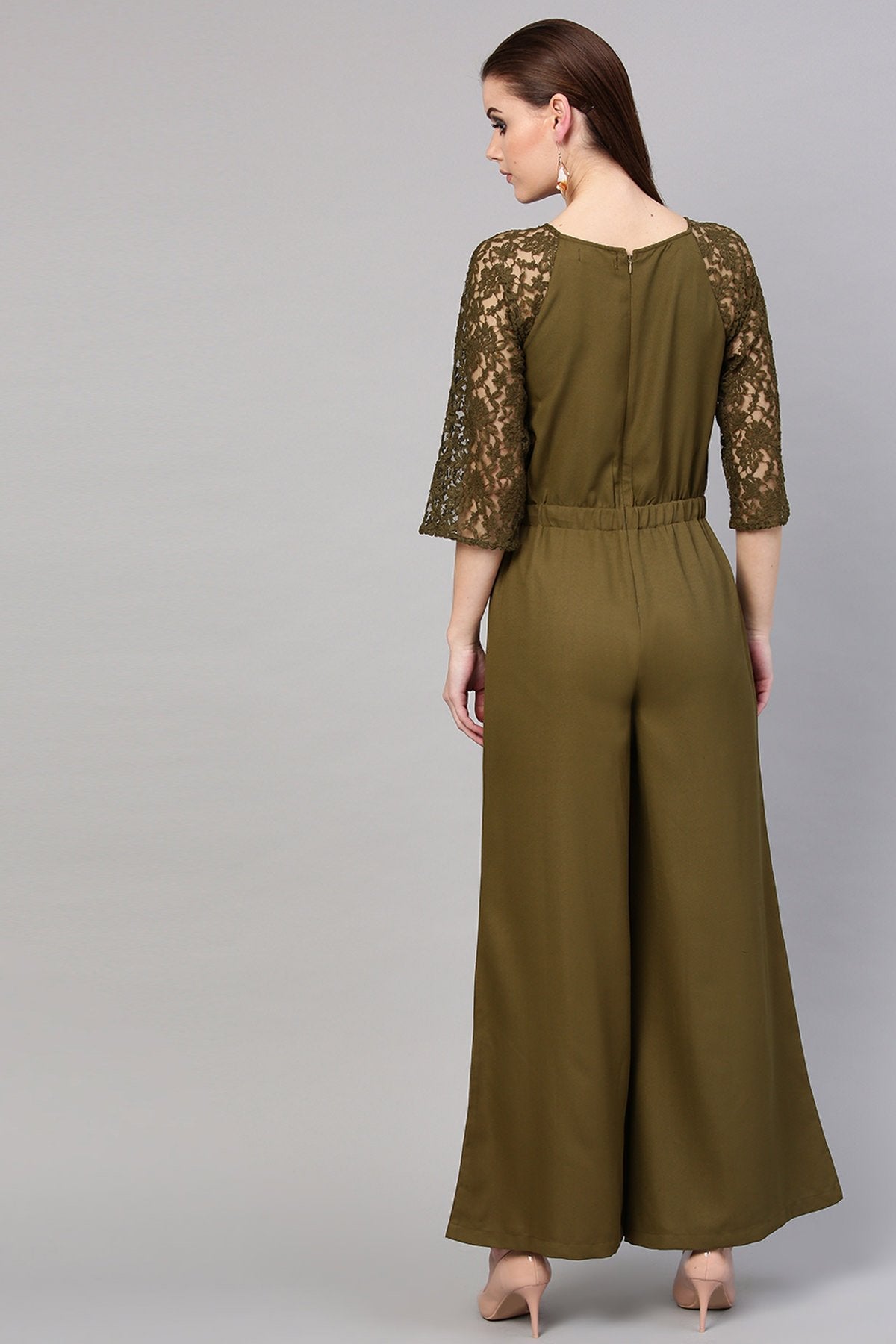 Women's Olive Raglan Lace Sleeves Jumpsuit