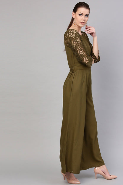 Women's Olive Raglan Lace Sleeves Jumpsuit