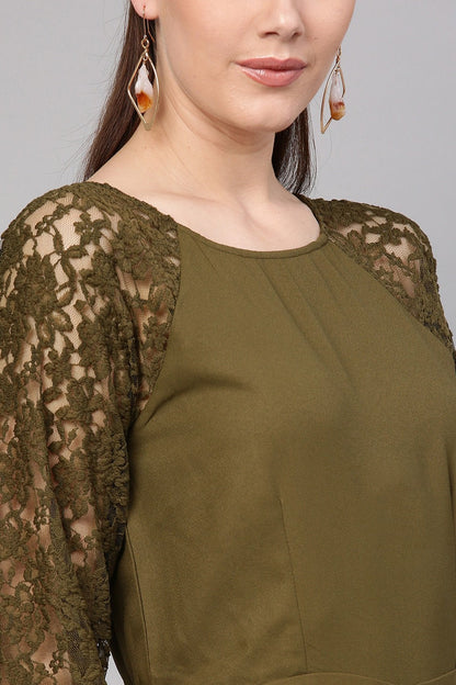 Women's Olive Raglan Lace Sleeves Jumpsuit
