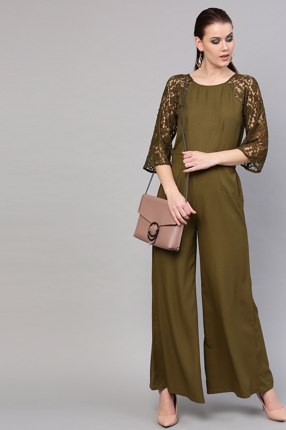 Women's Olive Raglan Lace Sleeves Jumpsuit