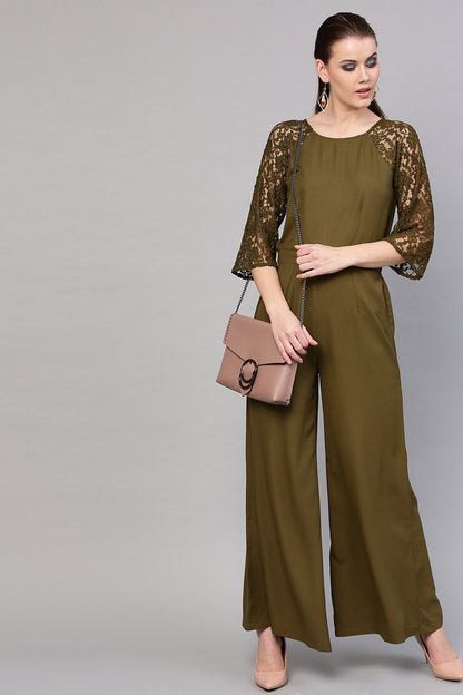 Women's Olive Raglan Lace Sleeves Jumpsuit