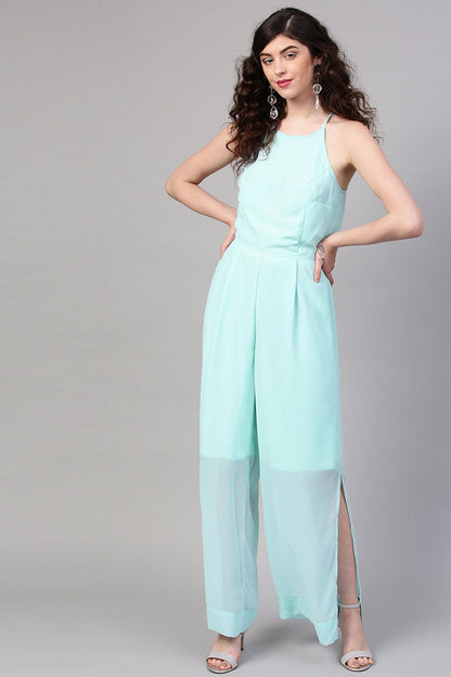 Women's Aqua Side Slit Halter Jumpsuit