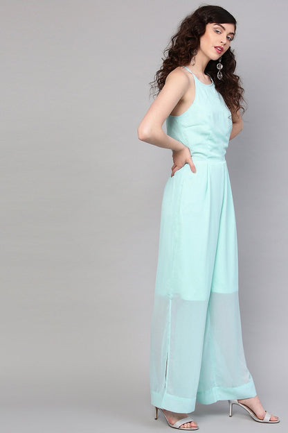 Women's Aqua Side Slit Halter Jumpsuit
