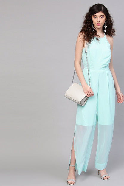 Women's Aqua Side Slit Halter Jumpsuit