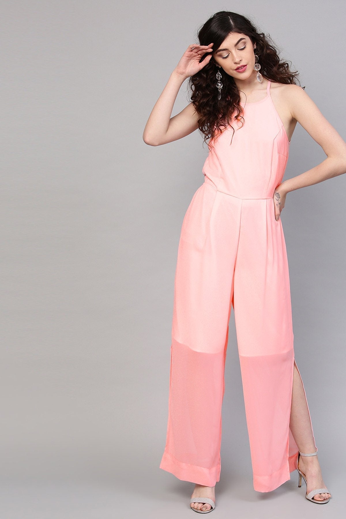 Women's Pink Side Slit Halter Jumpsuit