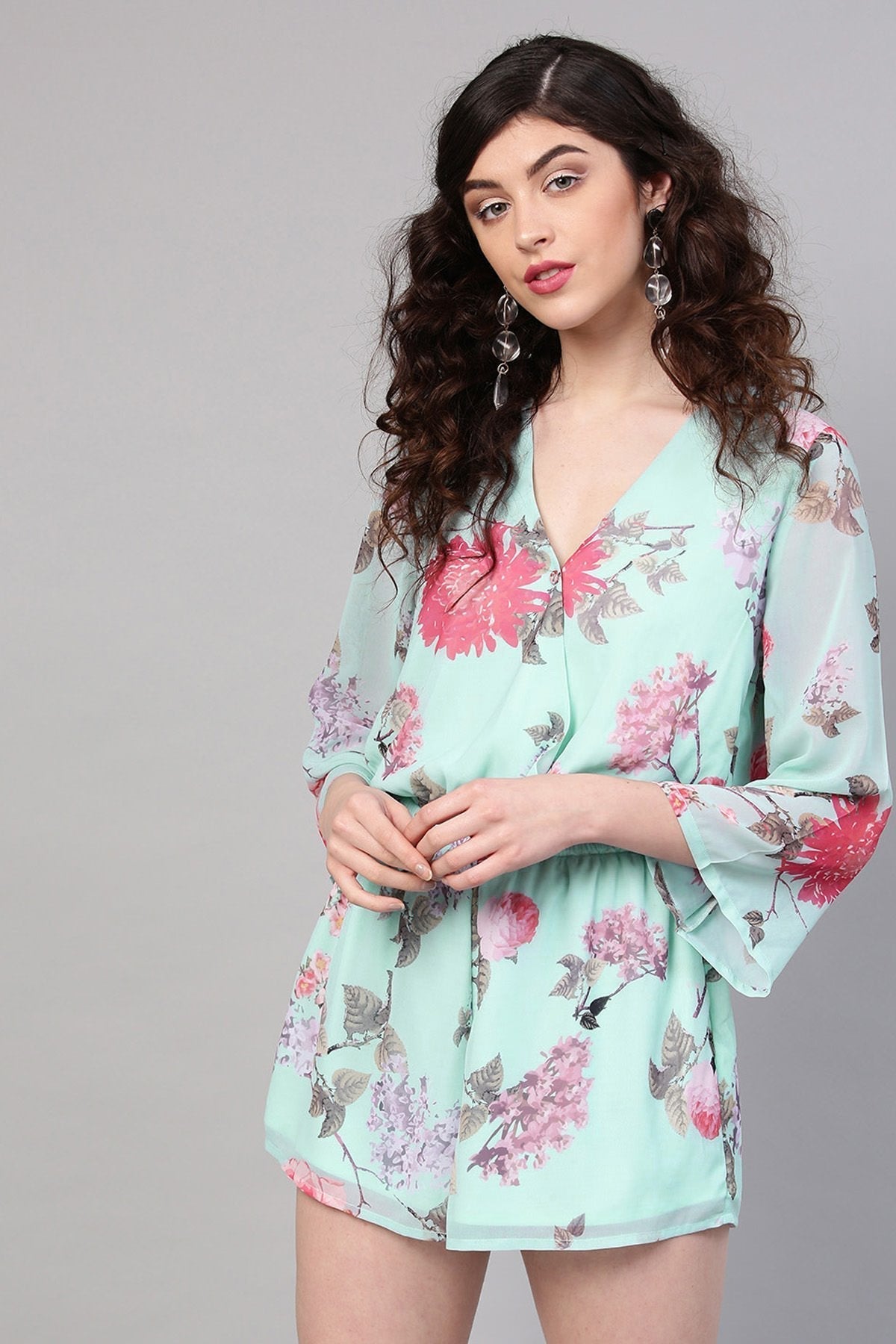 Women's Aqua Floral V-Neck Romper