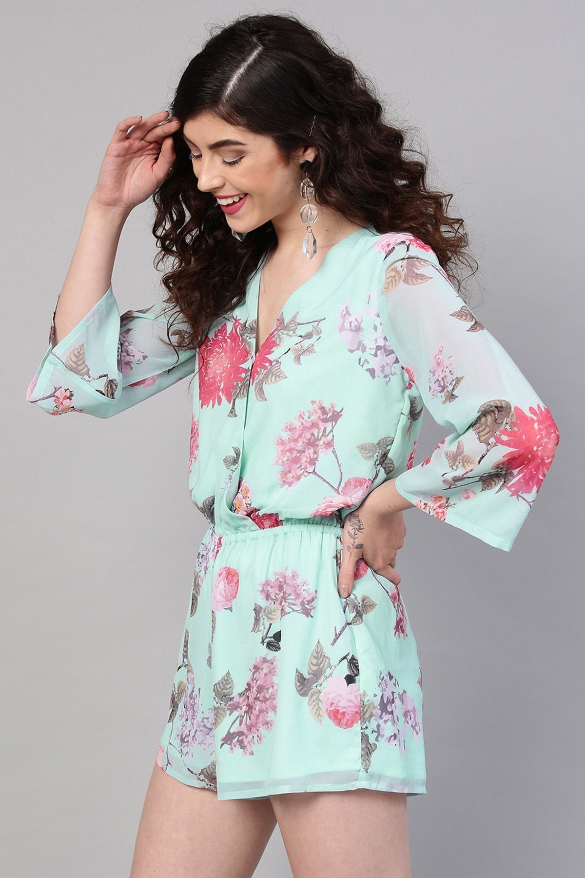 Women's Aqua Floral V-Neck Romper