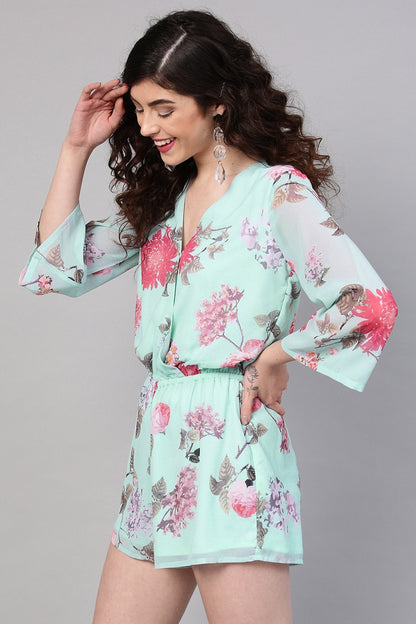 Women's Aqua Floral V-Neck Romper