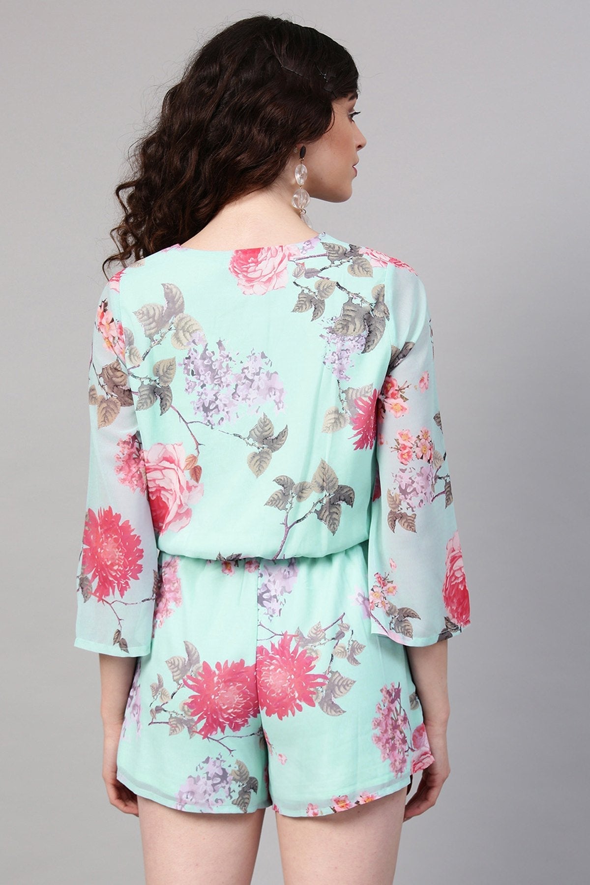 Women's Aqua Floral V-Neck Romper