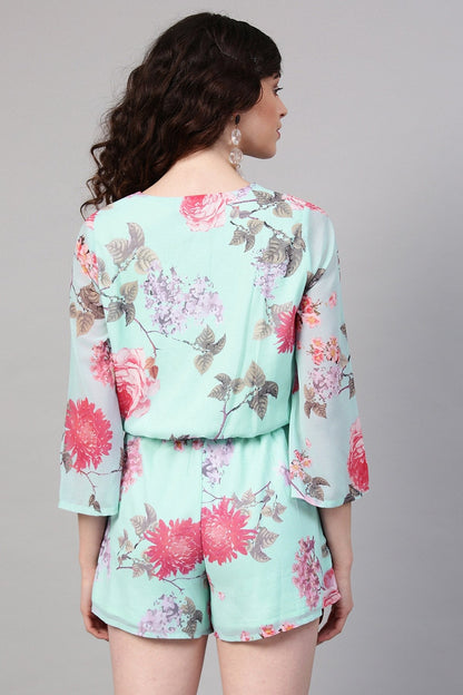 Women's Aqua Floral V-Neck Romper