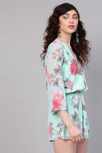 Women's Aqua Floral V-Neck Romper