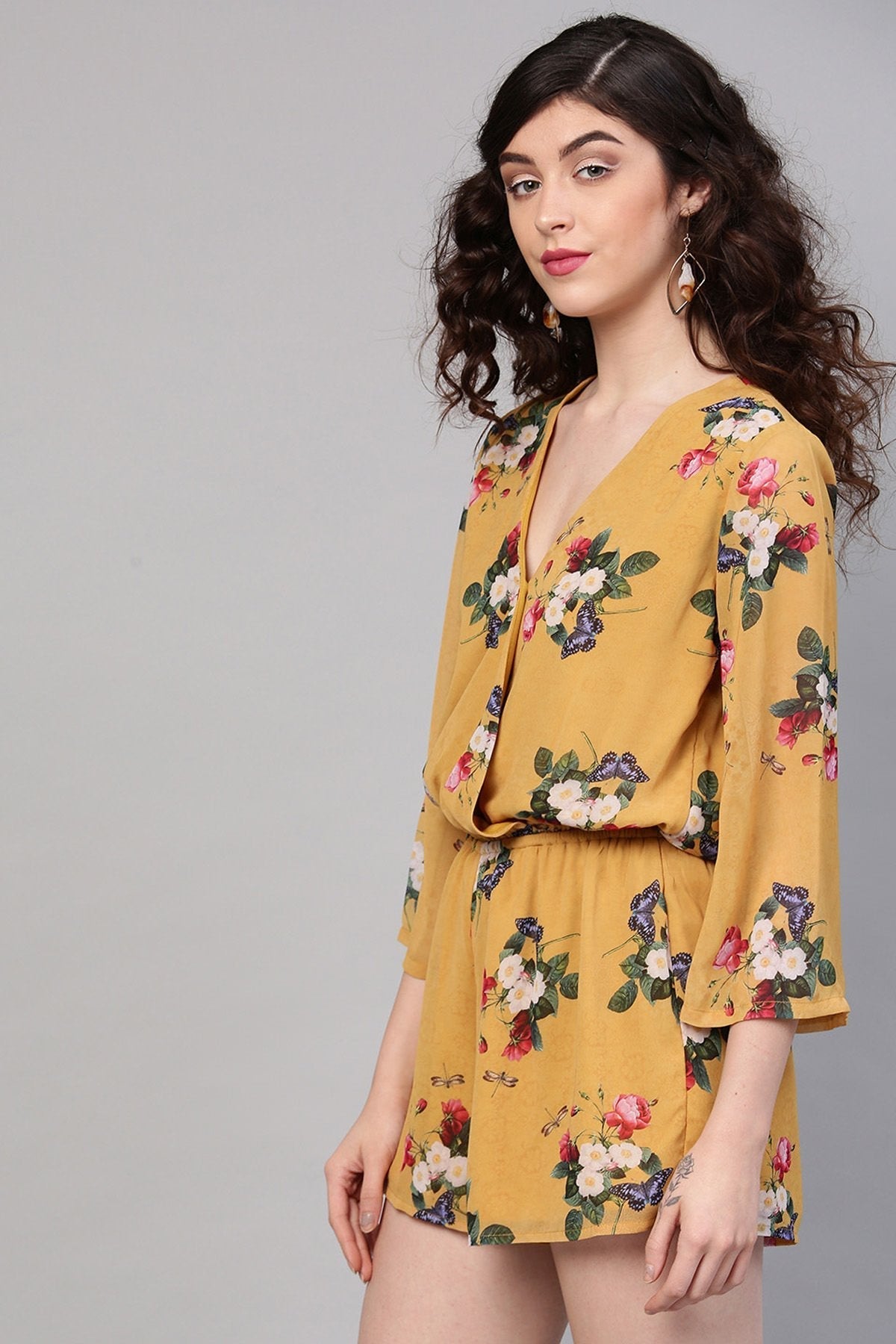 Women's Mustard Floral V-Neck Romper