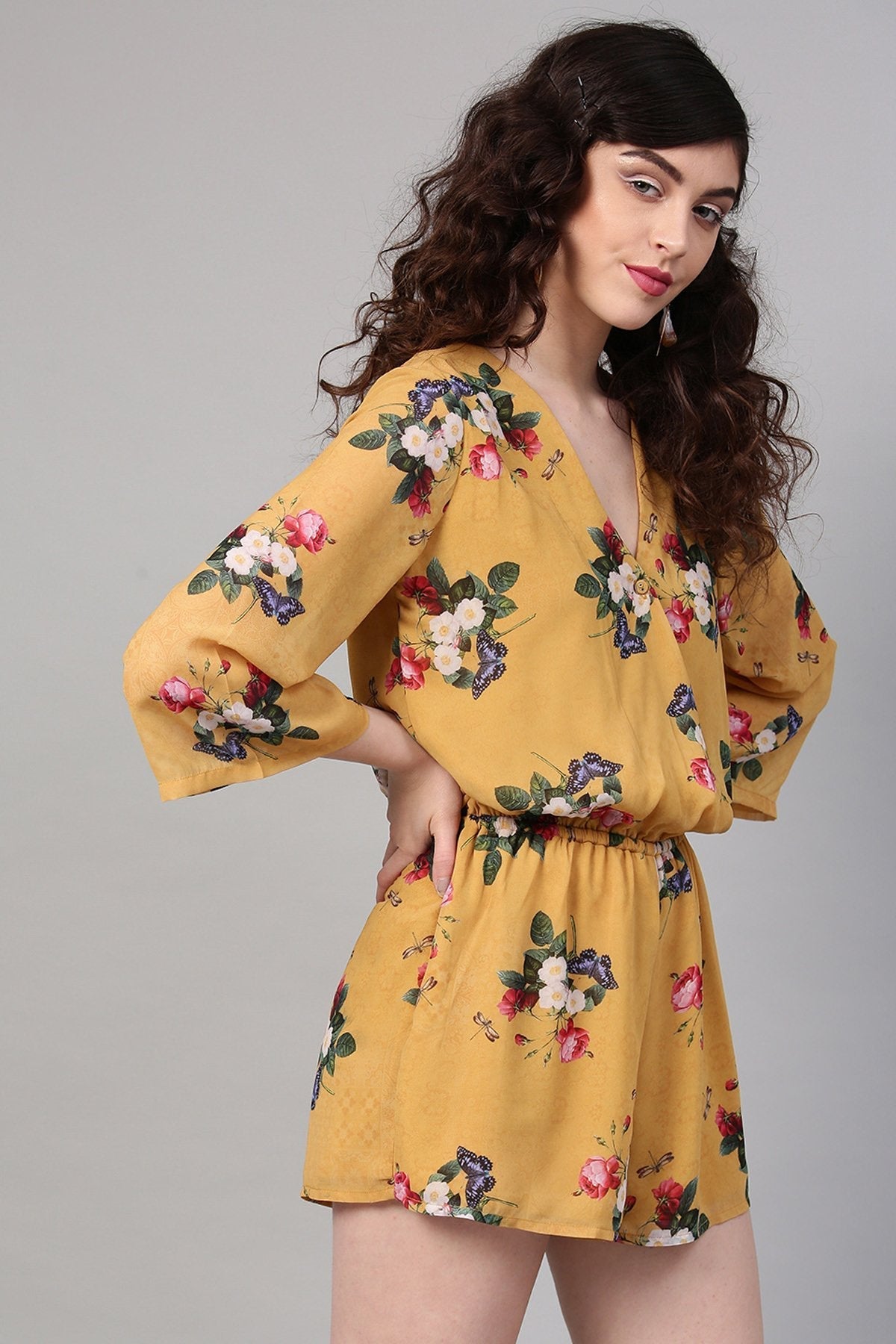 Women's Mustard Floral V-Neck Romper